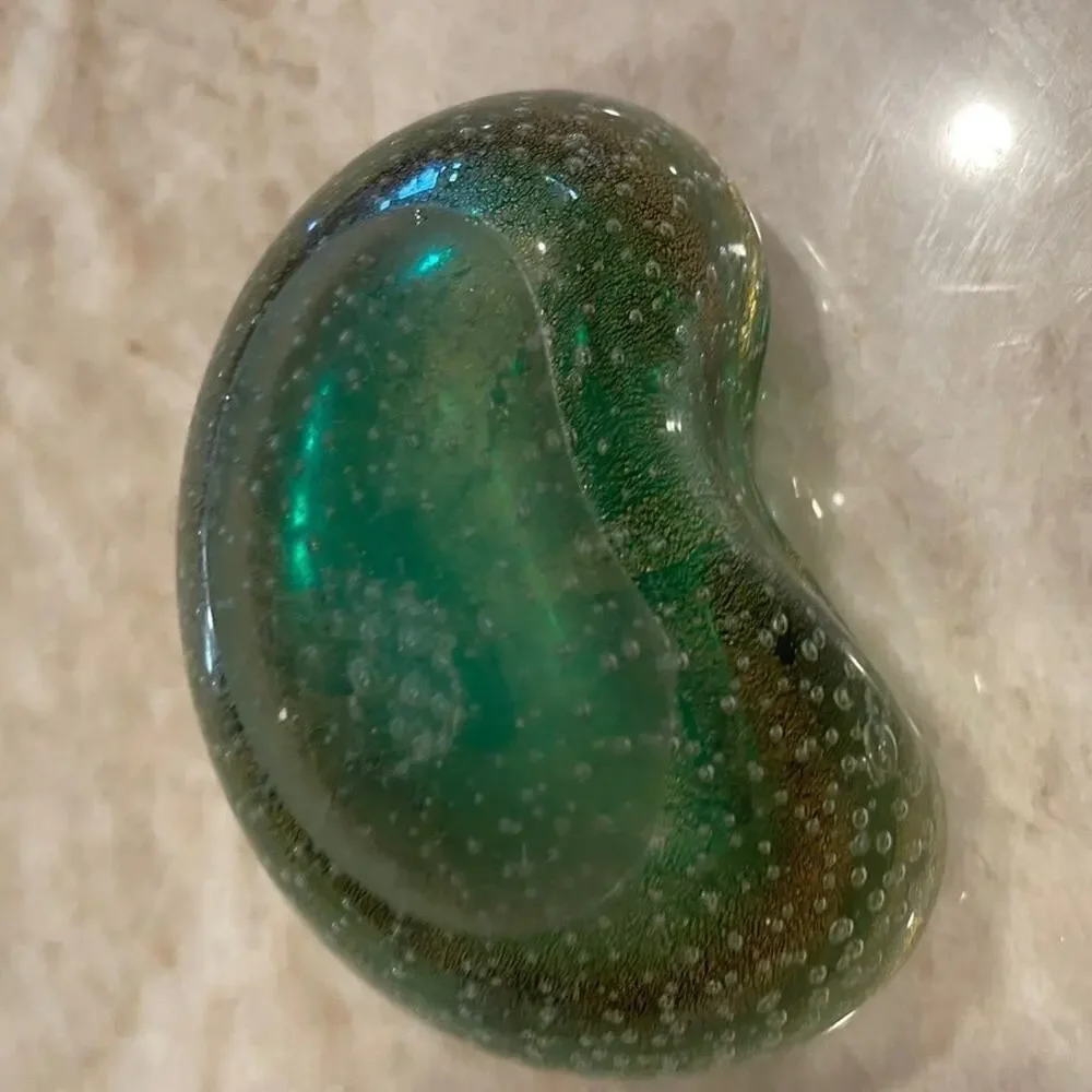 Vintage Murano glass candy dish Green with gold beautiful  bean shaped